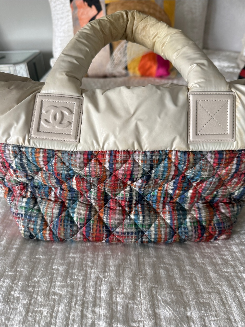 CHANEL Multicolor Tweed & Cream Top-Handle Tote
